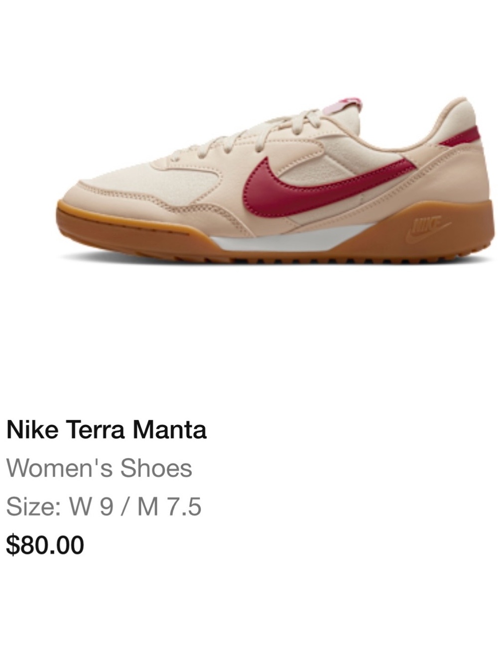 Nike Women's Terra Manta Sneakers - Beige with Burgundy Swoosh and Gum Sole